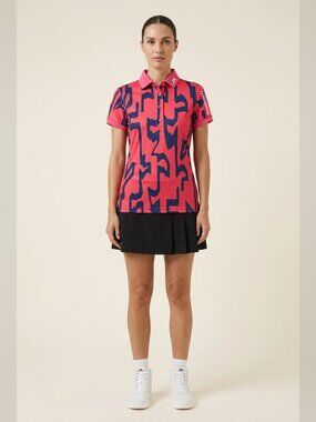 J.Lindeberg Tour Tech Print Polo – Glitch Bridge Pink, Size XS
